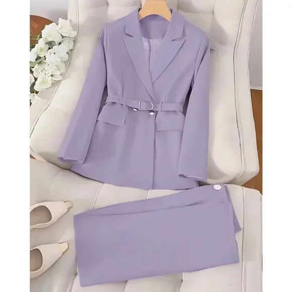NWT ~ Women's 2 Piece Violet Purple Lined Business Pant Suit & Belt ~ Size XL - Picture 1 of 5